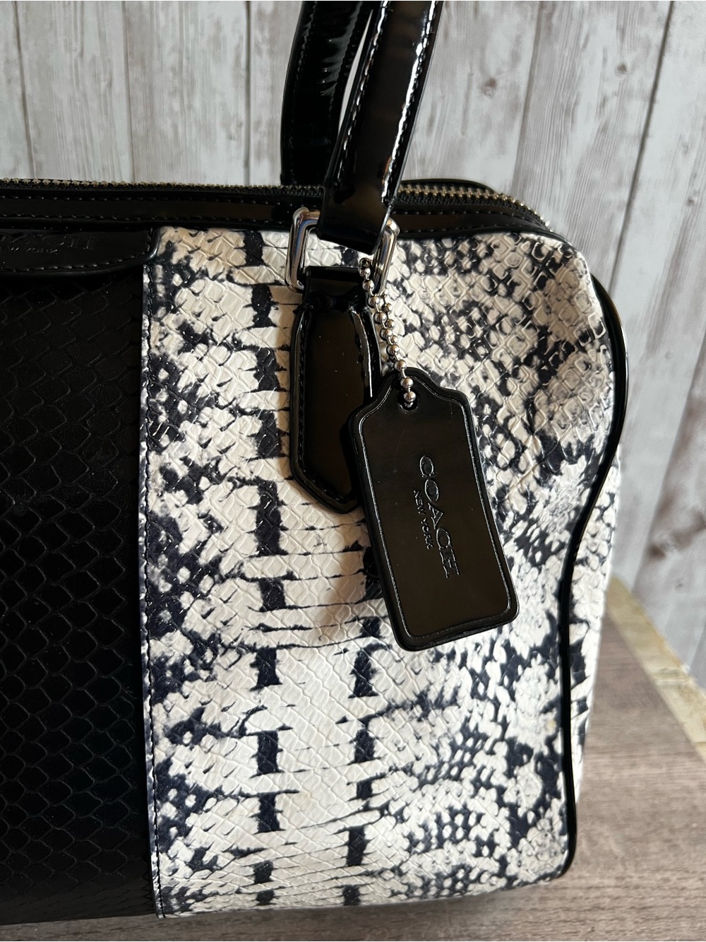Coach Nancy Exotic Black & White Snake-Print Satchel - Picture 2 of 14